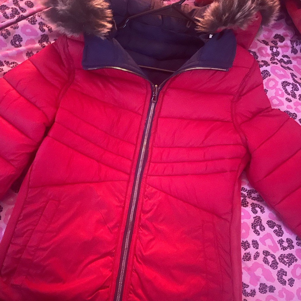 Women's Red Puffer Jacket with Faux Fur Hood